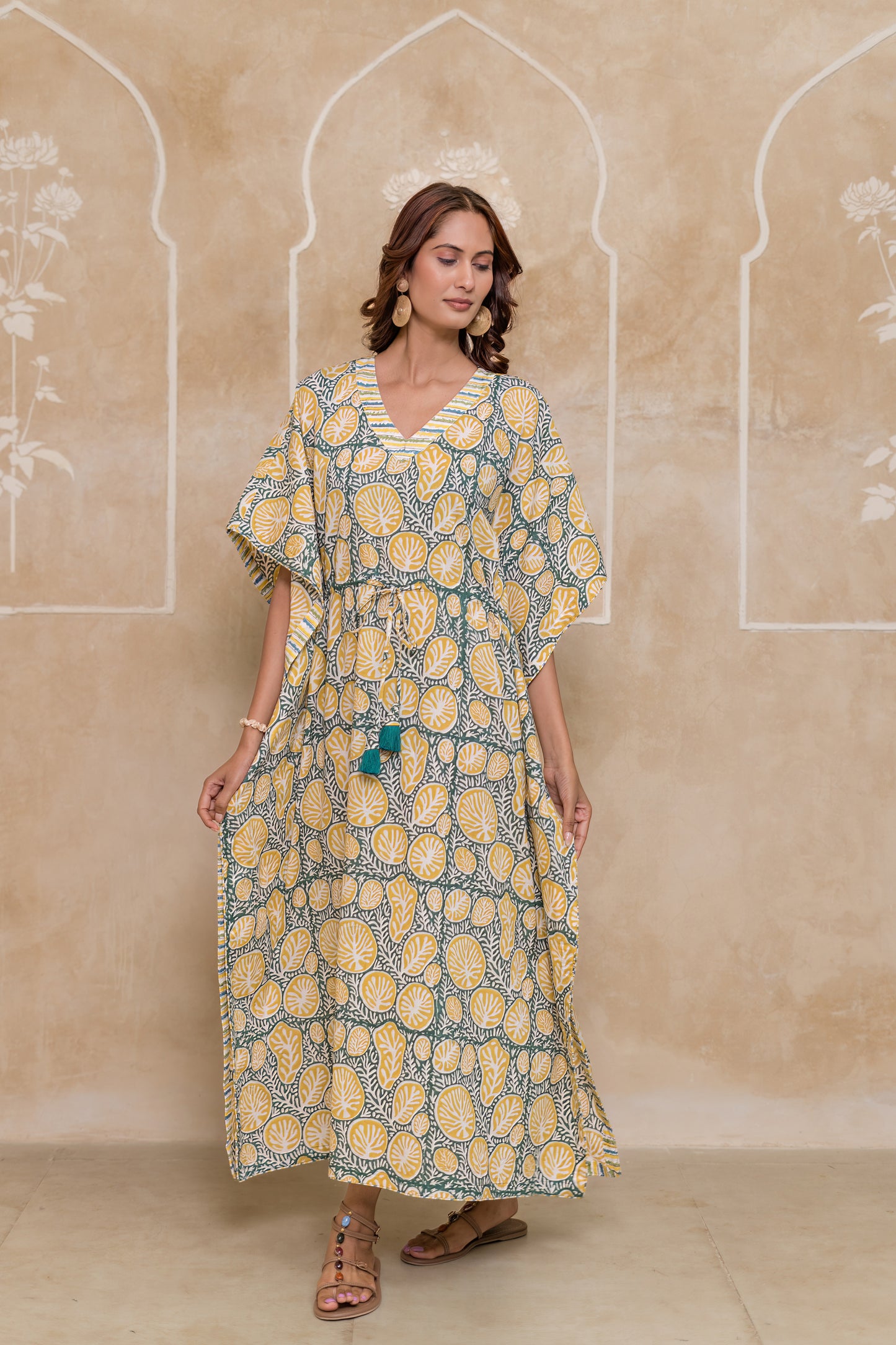 Green Floral Printed Kaftan Dress- NVK553