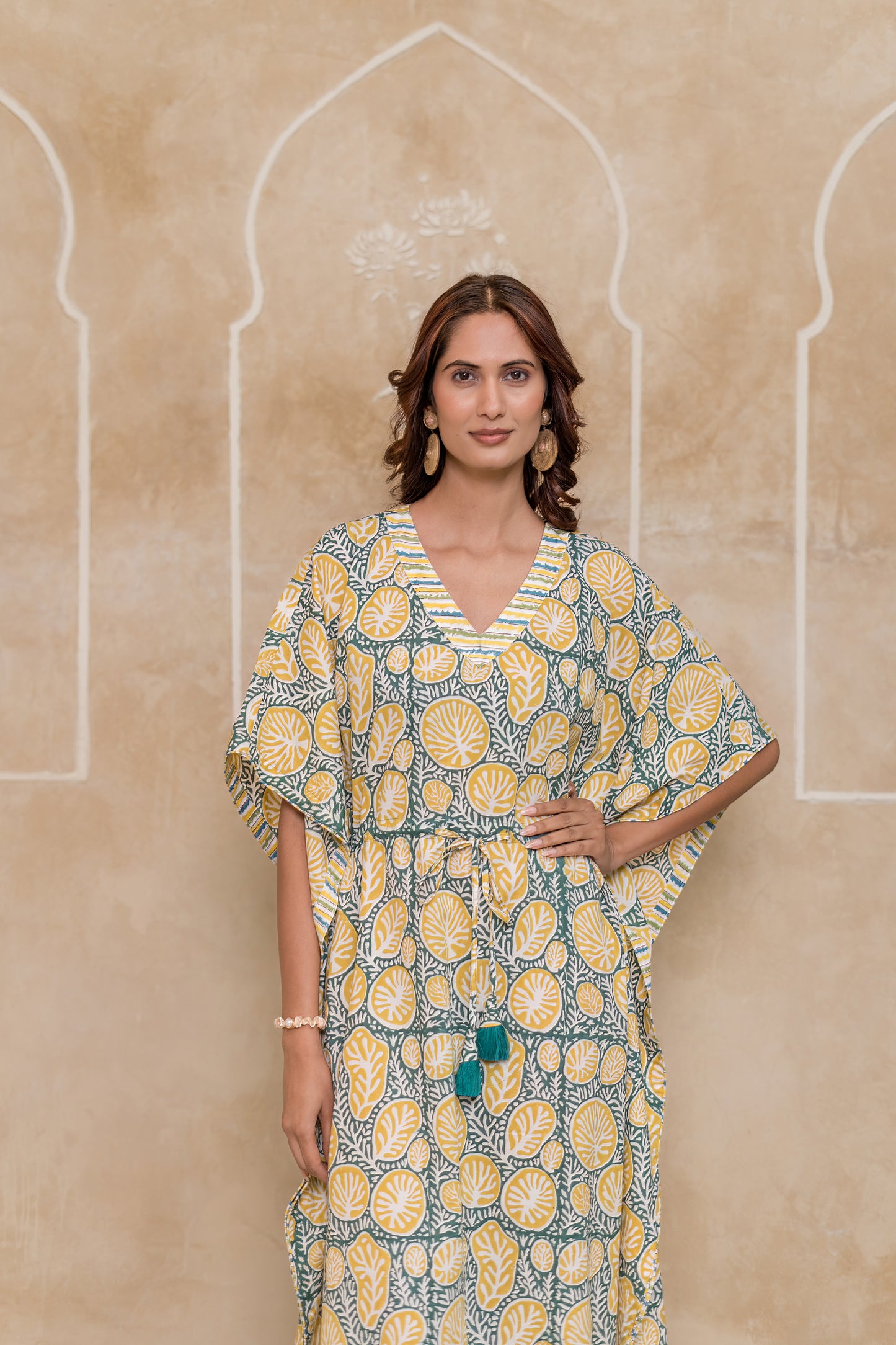 Green Floral Printed Kaftan Dress- NVK553