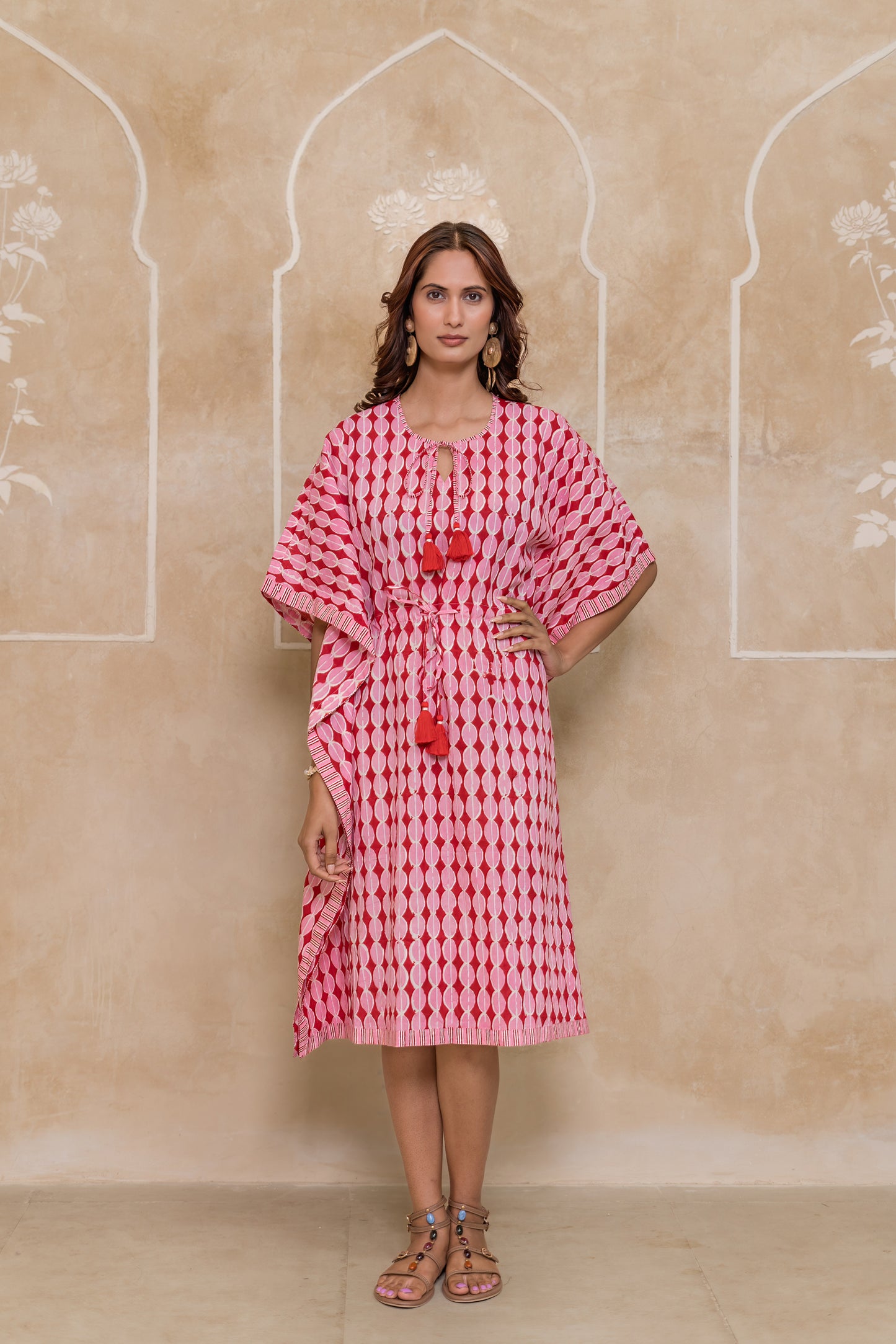 Pink Red Block Printed Cotton Kaftan -NVK546