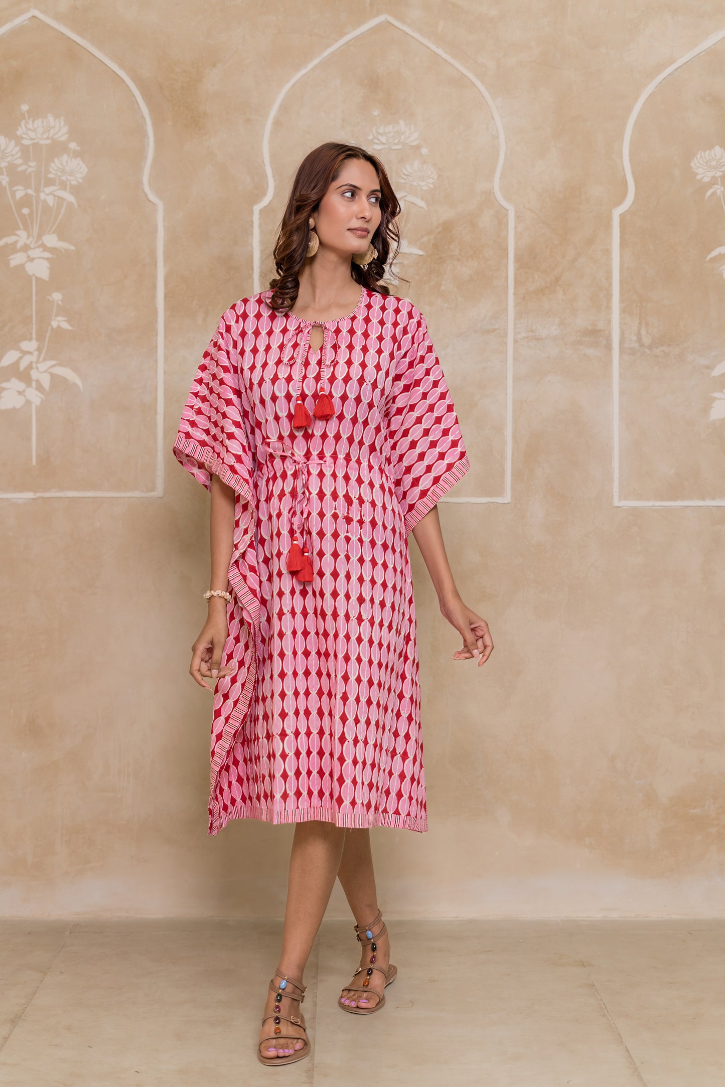 Pink Red Block Printed Cotton Kaftan -NVK546