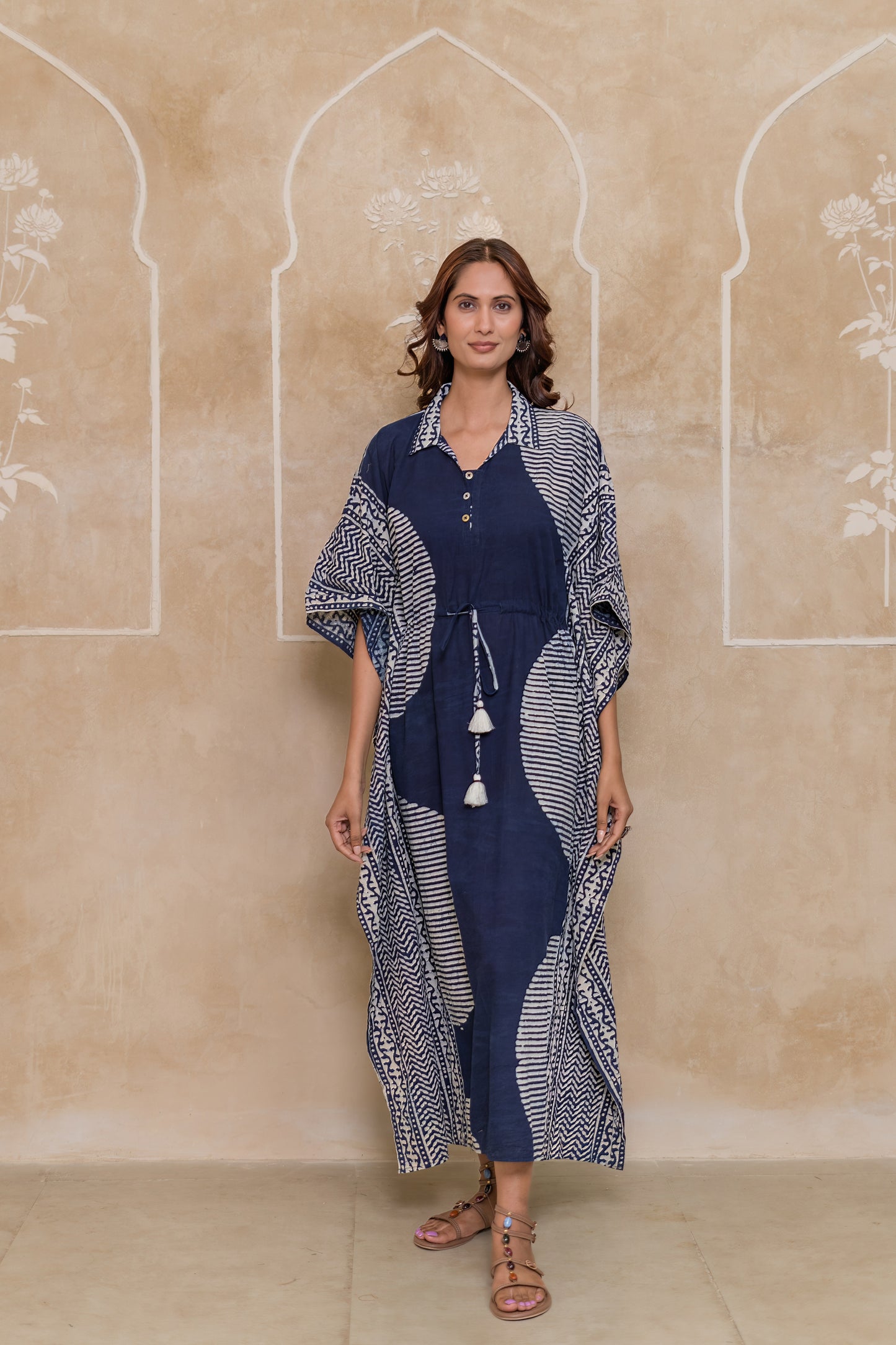 Indigo Geometric Block Printed Kaftan - NVK555