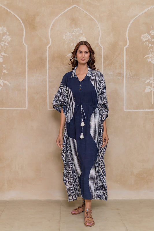 Indigo Geometric Block Printed Kaftan - NVK555