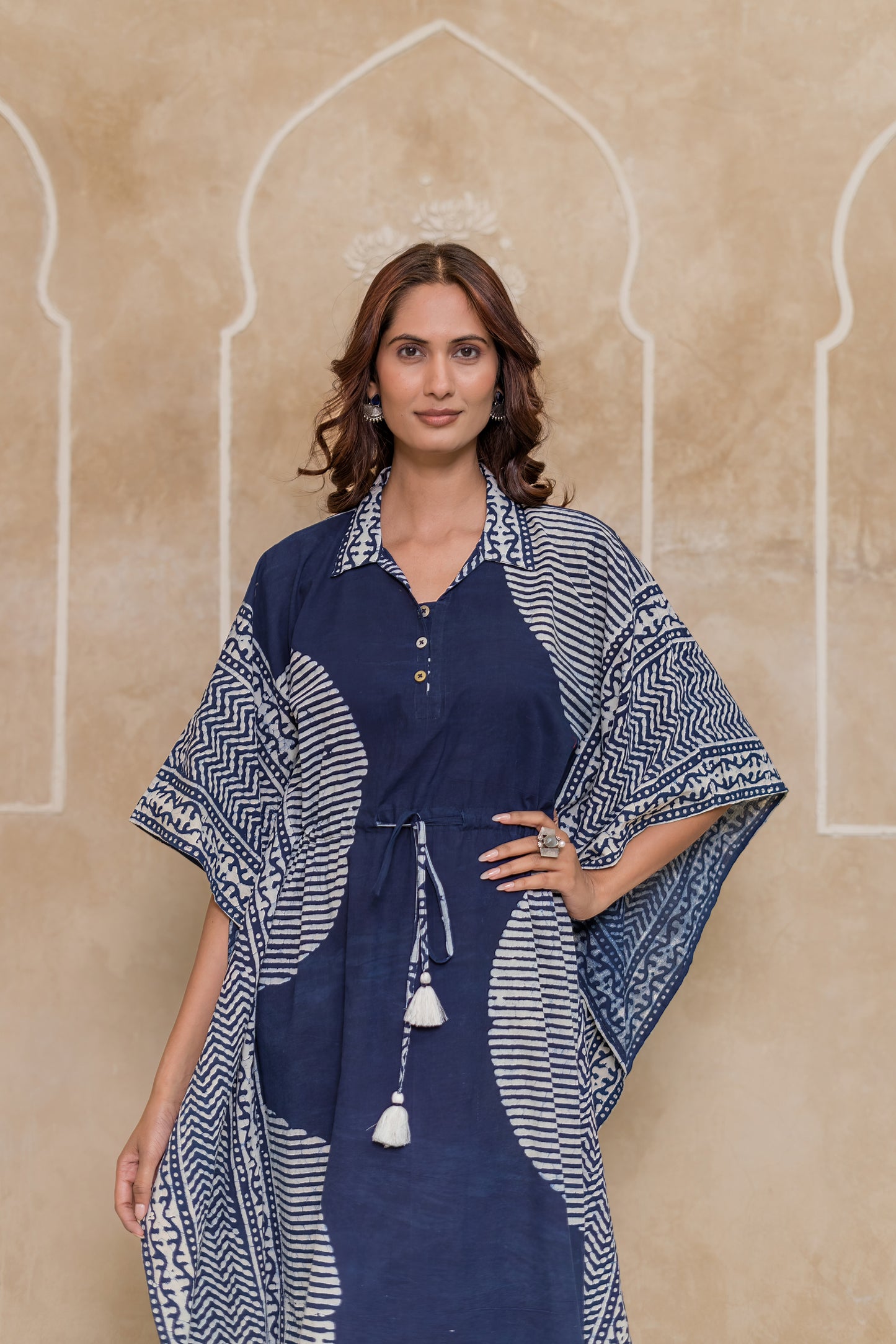 Indigo Geometric Block Printed Kaftan - NVK555