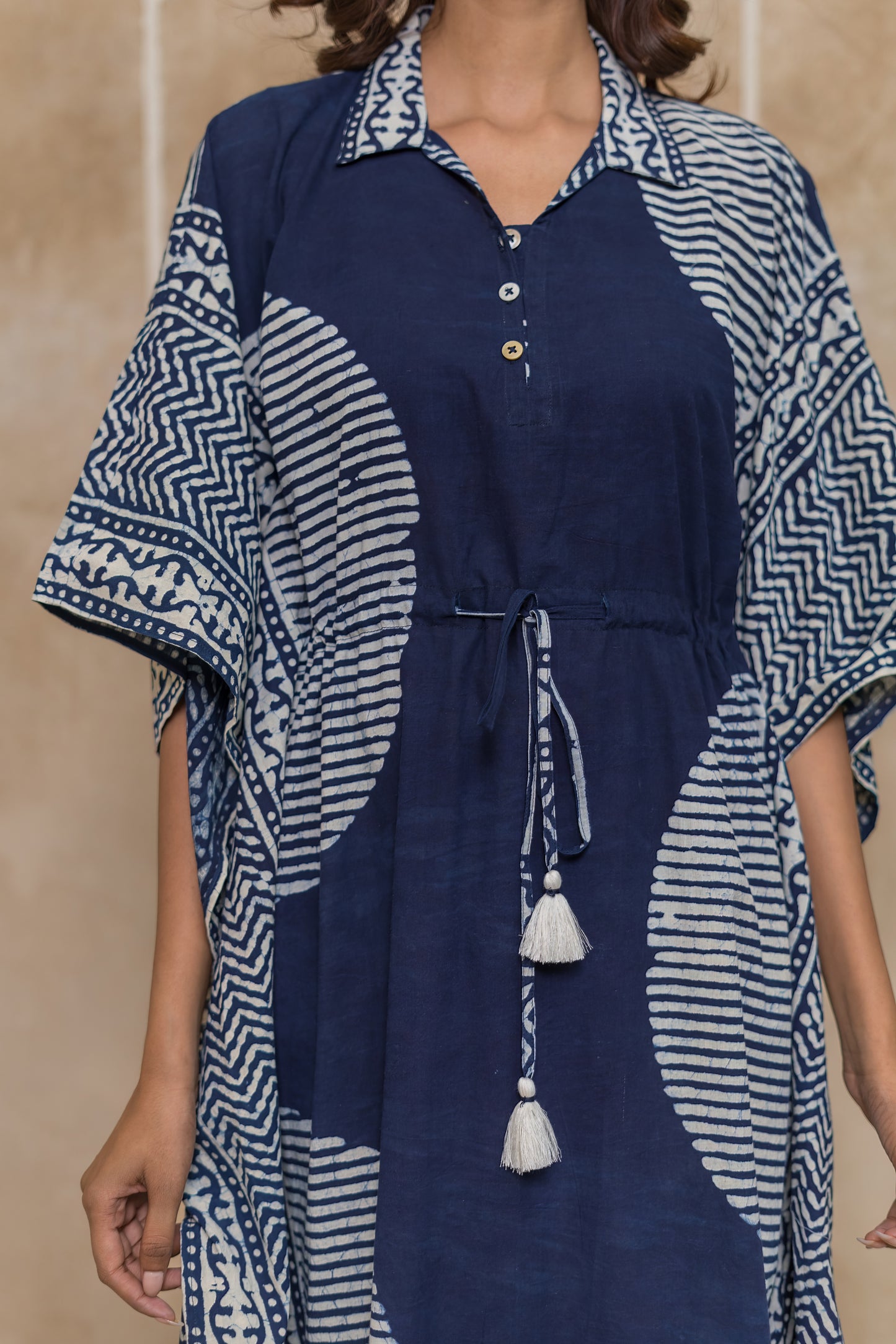 Indigo Geometric Block Printed Kaftan - NVK555
