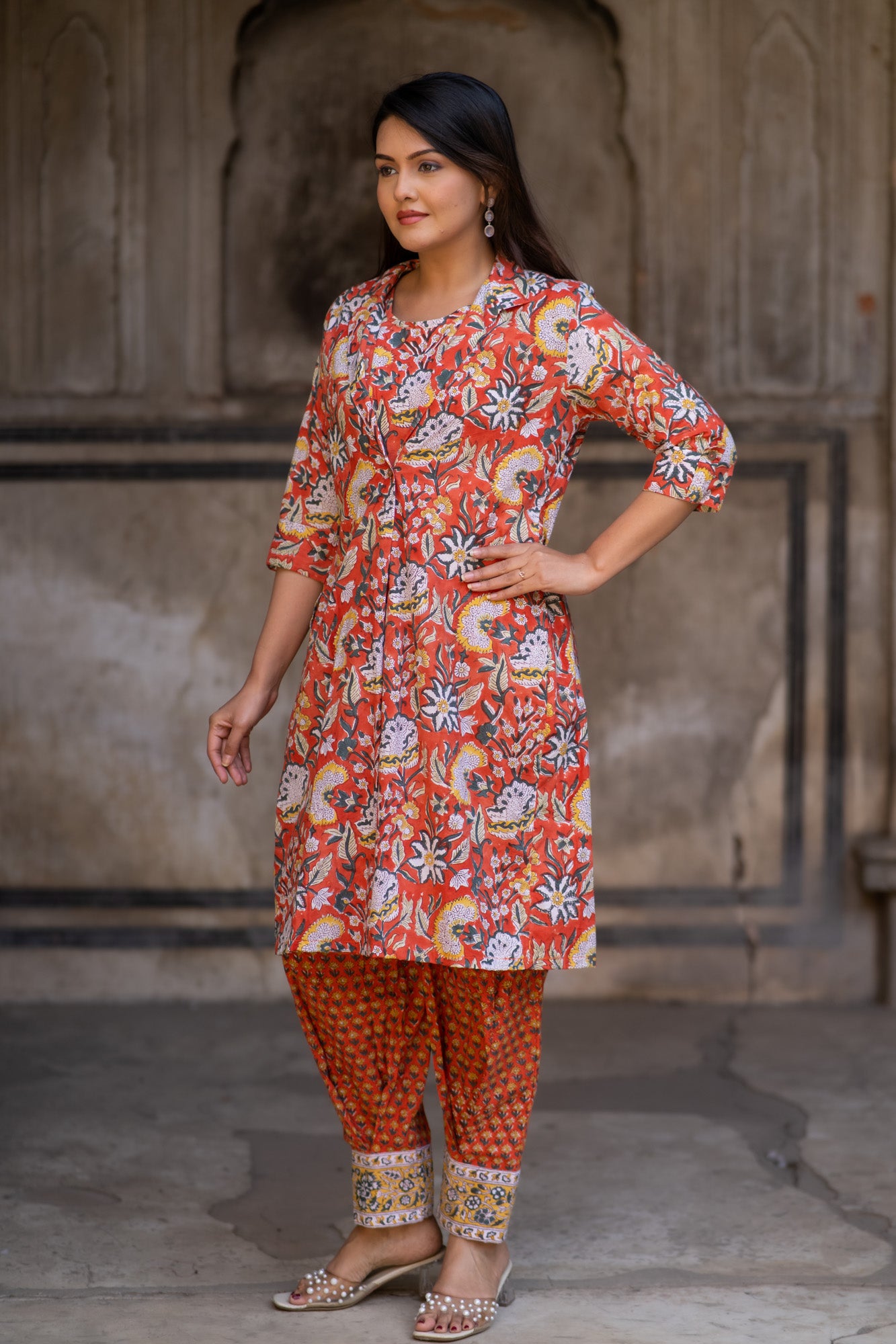 Orange Block Printed Co-Ord Set-NVCD33