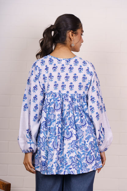 White Blue Block Printed Top-NFT145