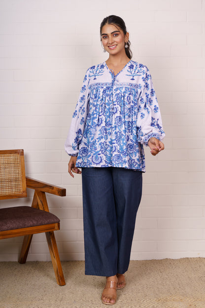 White Blue Block Printed Top-NFT145