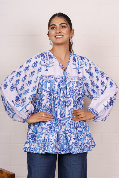 White Blue Block Printed Top-NFT145