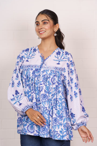 White Blue Block Printed Top-NFT145