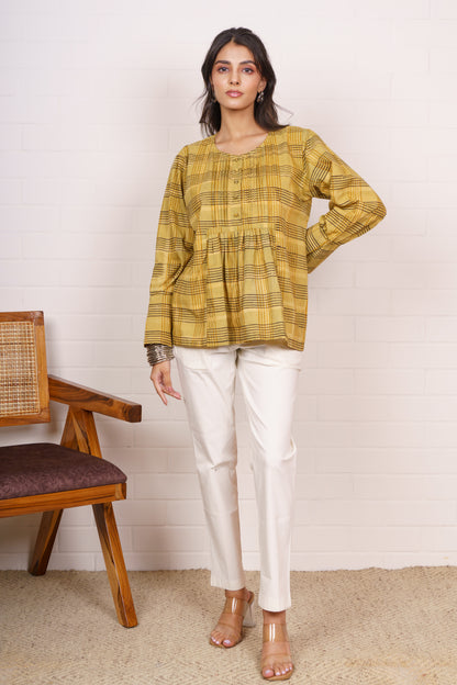 Mustard Checkered Pleated Cotton Top-NFT153