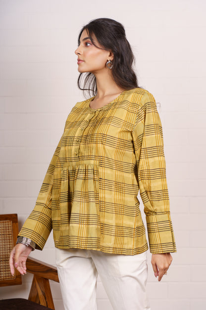 Mustard Checkered Pleated Cotton Top-NFT153