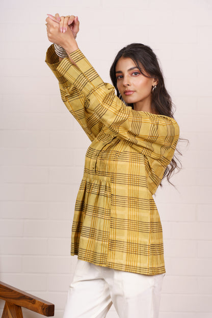 Mustard Checkered Pleated Cotton Top-NFT153