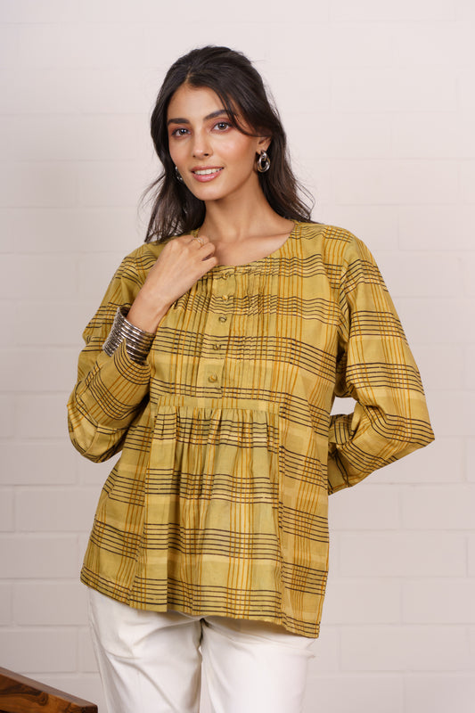 Mustard Checkered Pleated Cotton Top-NFT153