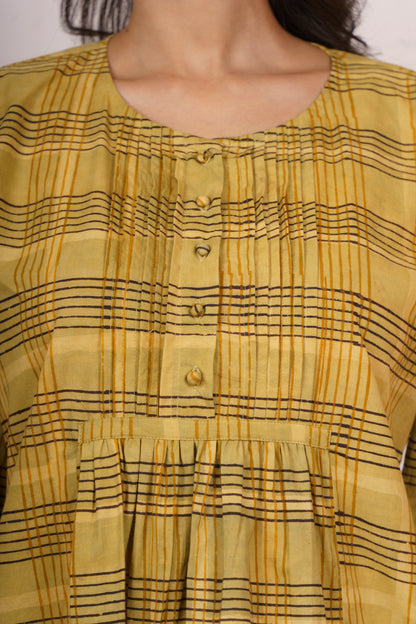 Mustard Checkered Pleated Cotton Top-NFT153