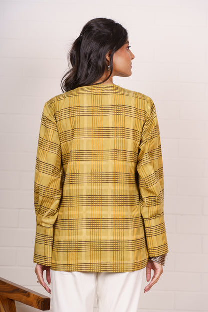 Mustard Checkered Pleated Cotton Top-NFT153