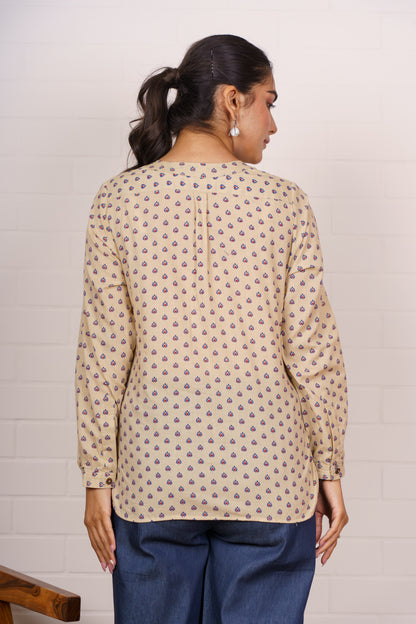 Beige Printed Cotton Kurti Top-NFT150