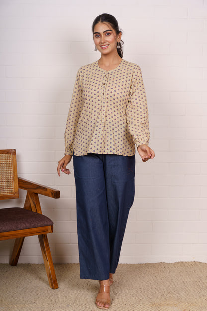 Beige Printed Cotton Kurti Top-NFT150