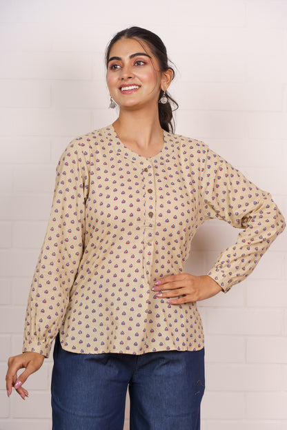 Beige Printed Cotton Kurti Top-NFT150