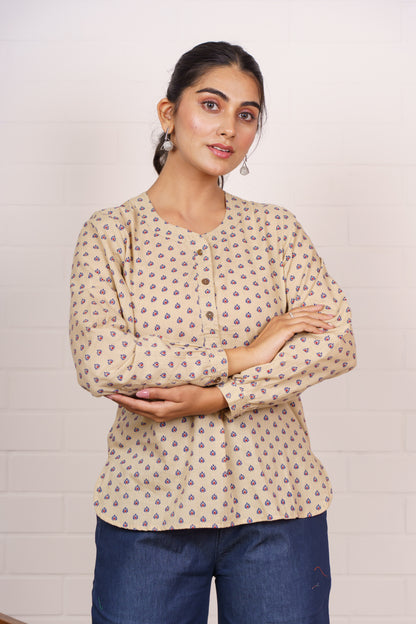Beige Printed Cotton Kurti Top-NFT150