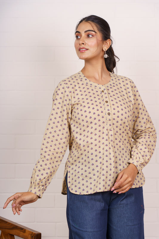 Beige Printed Cotton Kurti Top-NFT150