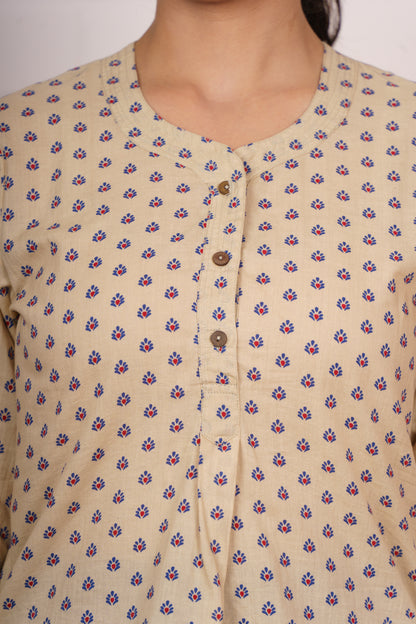 Beige Printed Cotton Kurti Top-NFT150