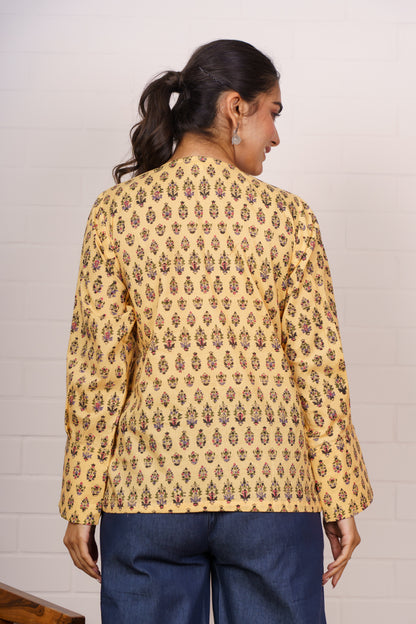 Yellow Floral Pleated Cotton Top-NFT154