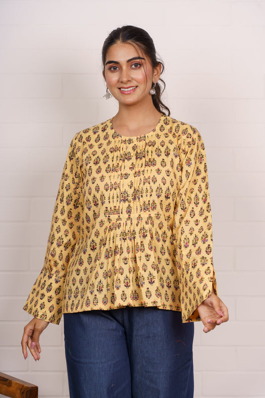 Yellow Floral Pleated Cotton Top-NFT154