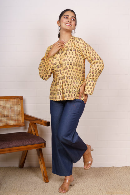 Yellow Floral Pleated Cotton Top-NFT154