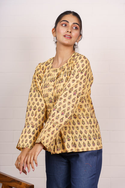 Yellow Floral Pleated Cotton Top-NFT154