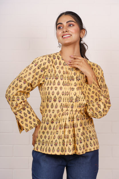 Yellow Floral Pleated Cotton Top-NFT154