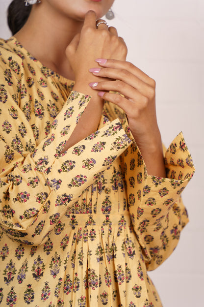 Yellow Floral Pleated Cotton Top-NFT154