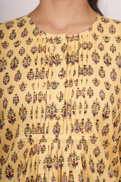 Yellow Floral Pleated Cotton Top-NFT154