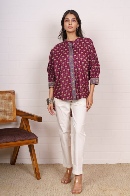 Maroon Floral High-Low Cotton Top-NFT155