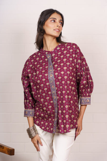 Maroon Floral High-Low Cotton Top-NFT155