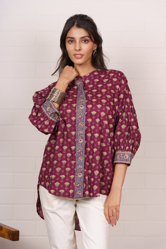 Maroon Floral High-Low Cotton Top-NFT155