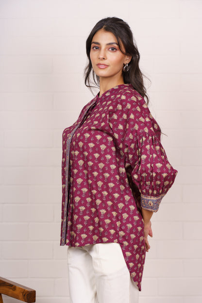 Maroon Floral High-Low Cotton Top-NFT155