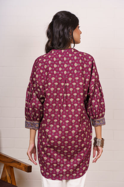 Maroon Floral High-Low Cotton Top-NFT155