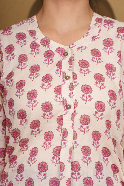 Off-White Floral Printed Cotton Kurti Top-NFT152