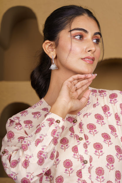 Off-White Floral Printed Cotton Kurti Top-NFT152