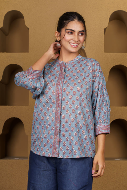 Powder Blue Printed High-Low Cotton Top-NFT156