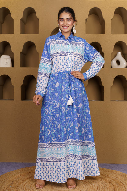 Indigo Blue Floral Printed Dress-NFD88