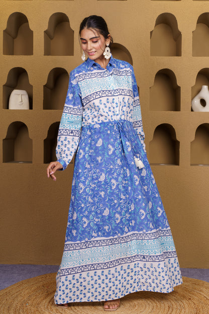 Indigo Blue Floral Printed Dress-NFD88