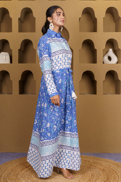 Indigo Blue Floral Printed Dress-NFD88