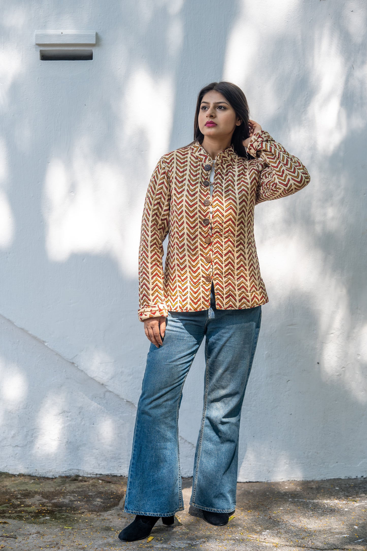 Beige Block Printed Reversible Quilted Jacket-NVQJ635