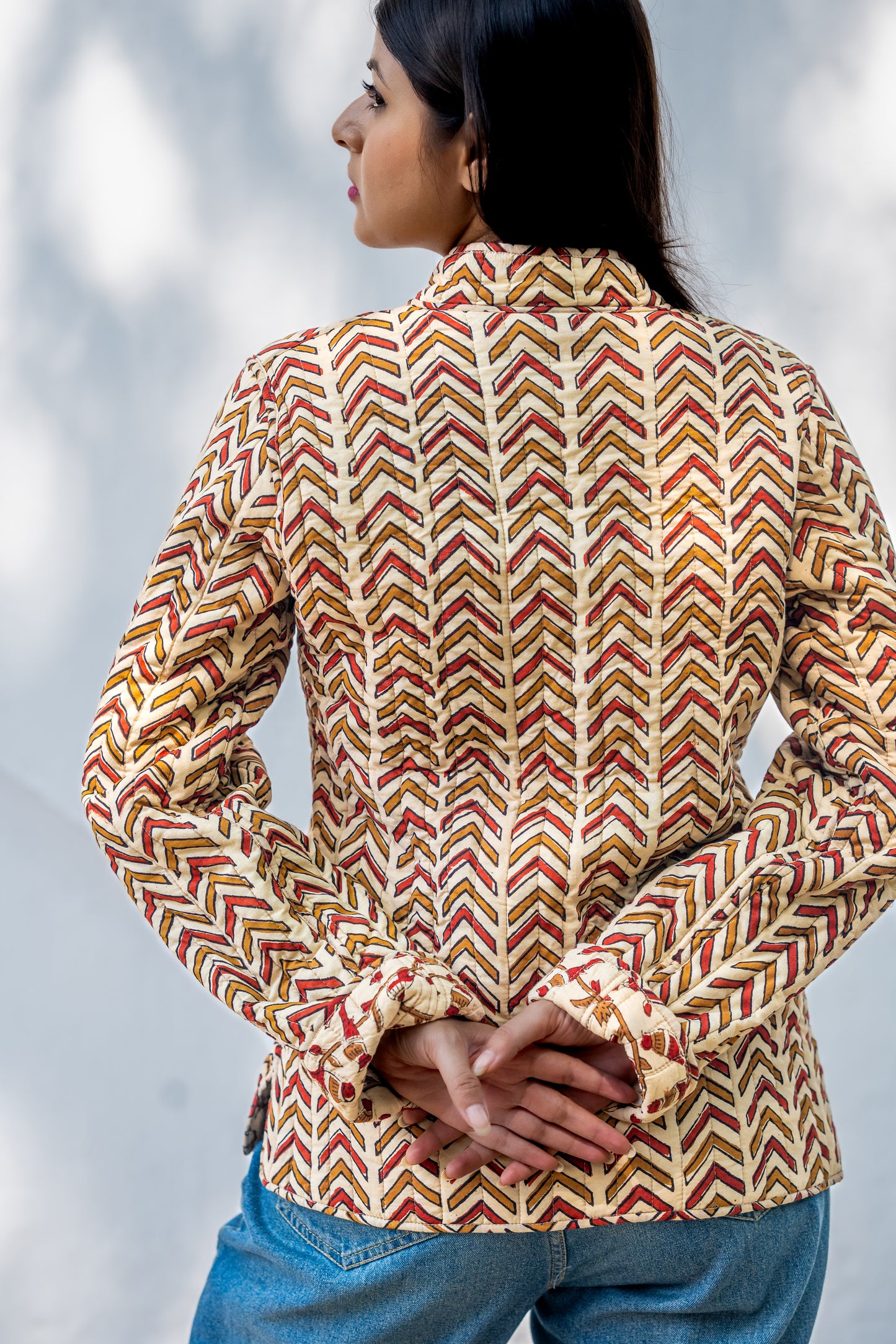 Beige Block Printed Reversible Quilted Jacket-NVQJ635