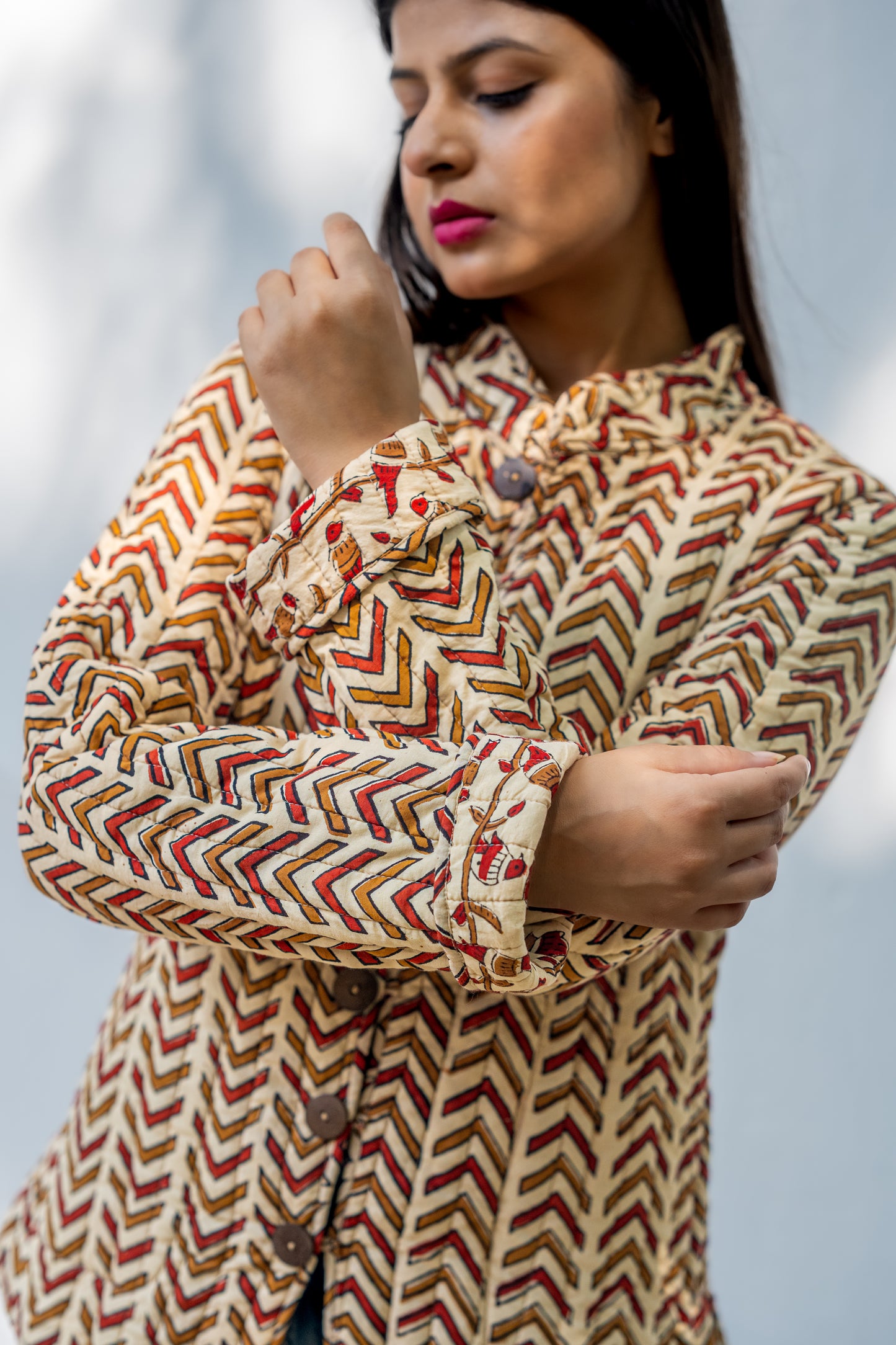 Beige Block Printed Reversible Quilted Jacket-NVQJ635