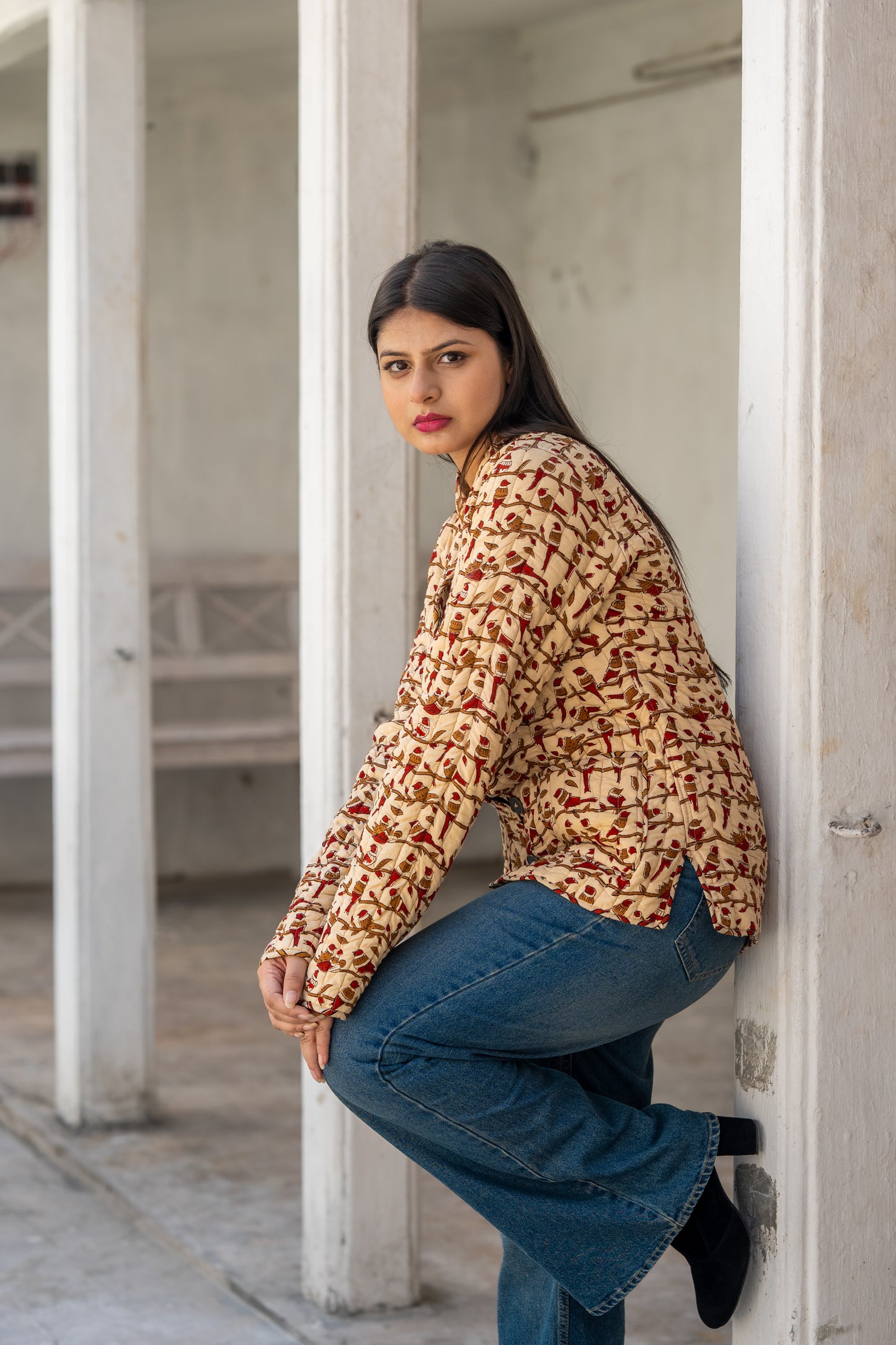 Beige Block Printed Reversible Quilted Jacket-NVQJ635