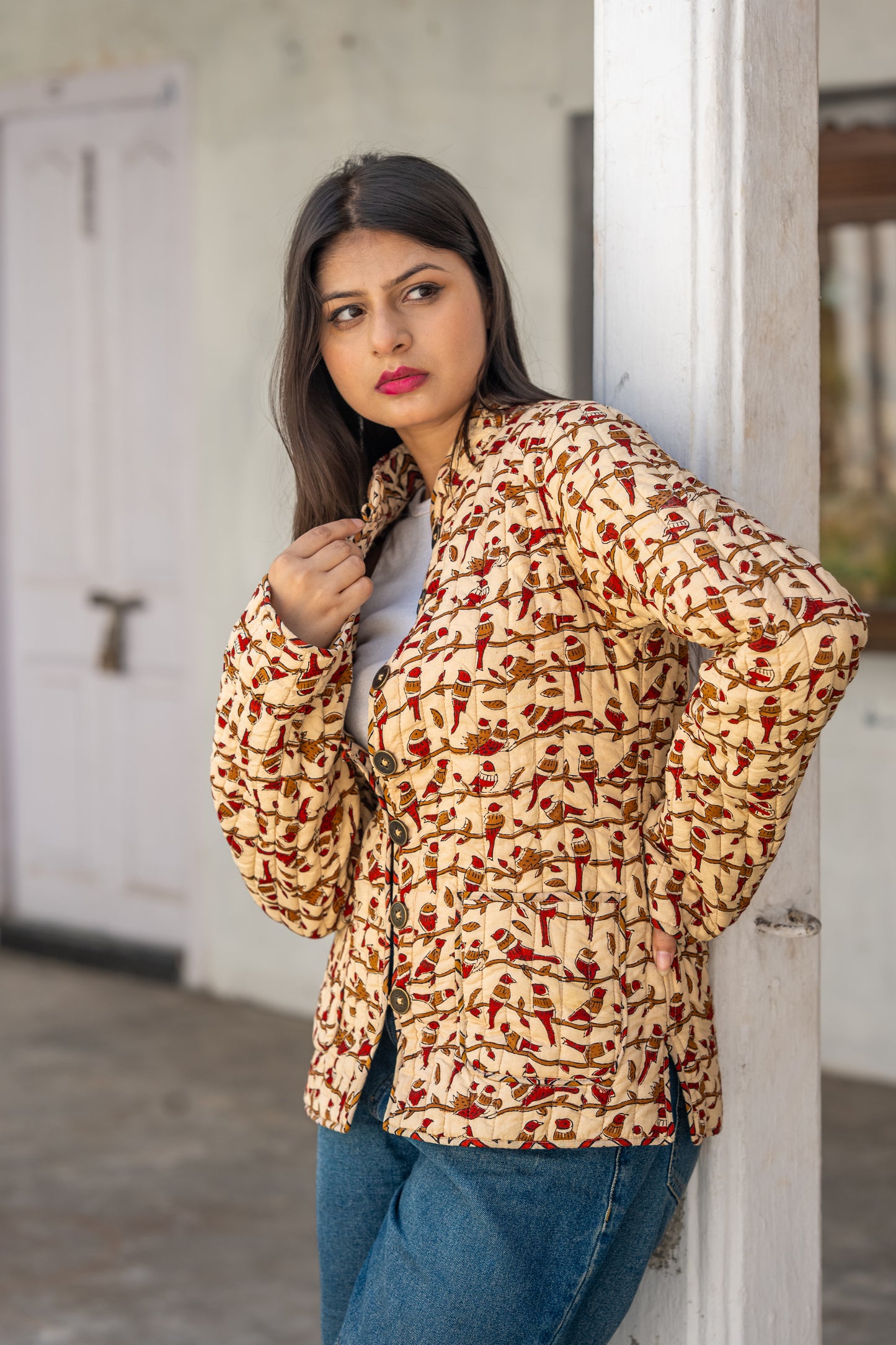 Beige Block Printed Reversible Quilted Jacket-NVQJ635