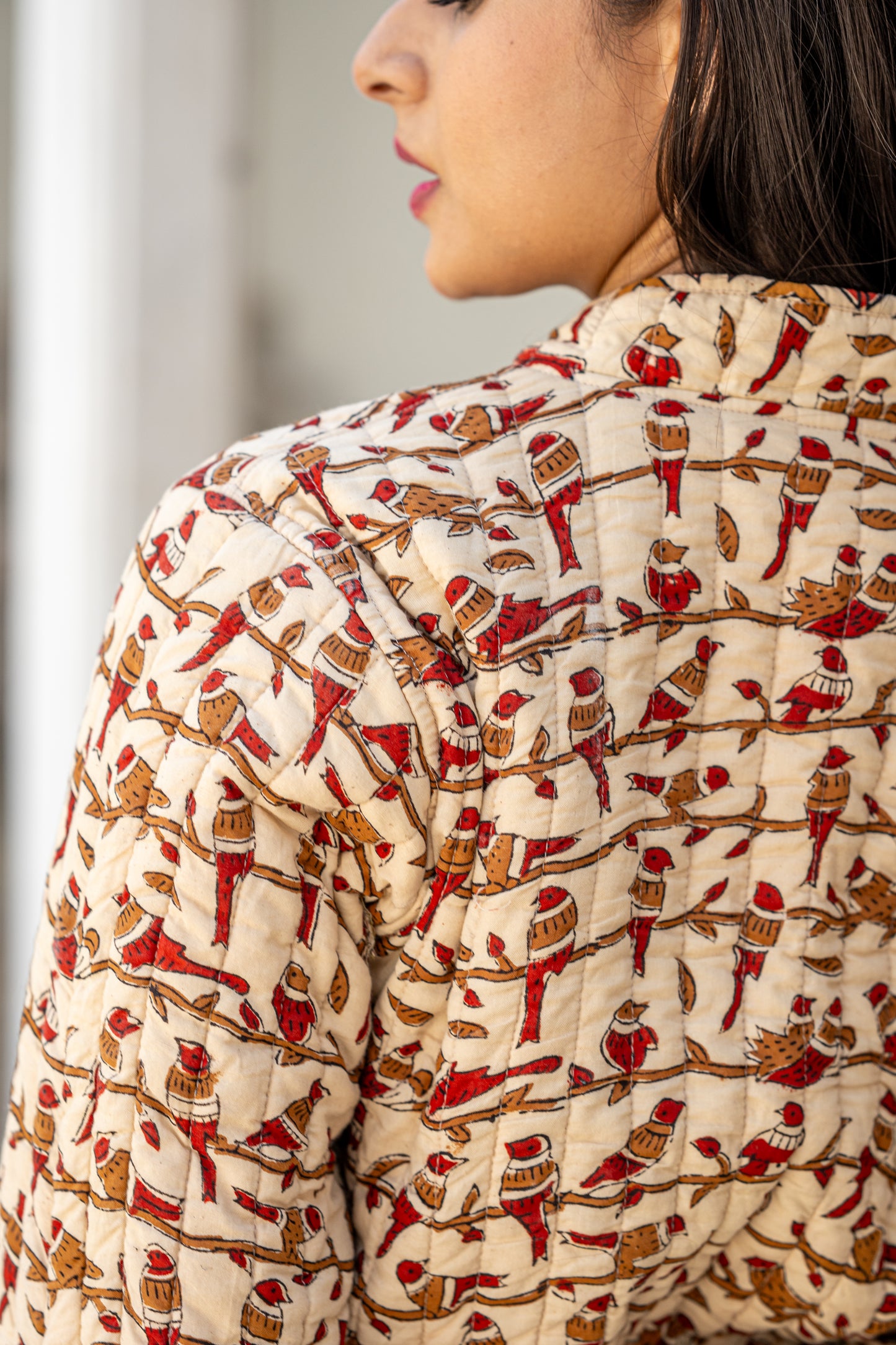 Beige Block Printed Reversible Quilted Jacket-NVQJ635