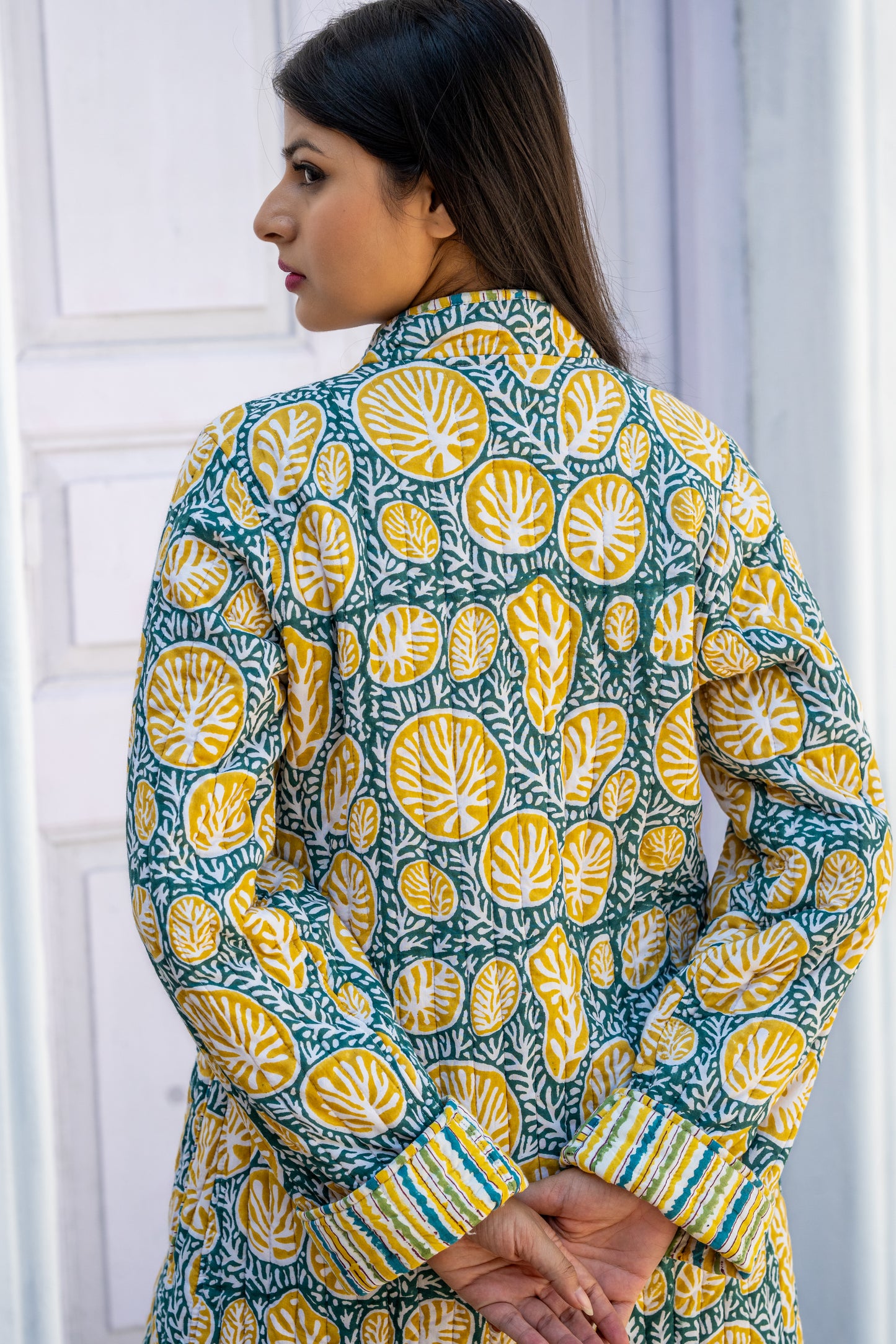 Green Yellow Folded Sleeves Quilted Coat-NVQJ632